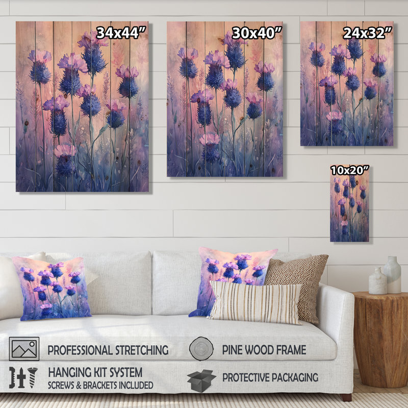 Dreaming Of Cornflower Fields In Purple I - Cornflowers Wood Print - On Natural Pine Wood, 32" H x 24" W x 0.78" D