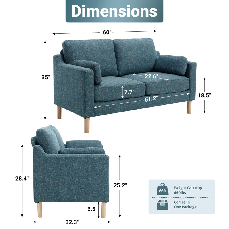 59.8'' W Modern Upholstery Loveseat Boucle, Blue Boucle