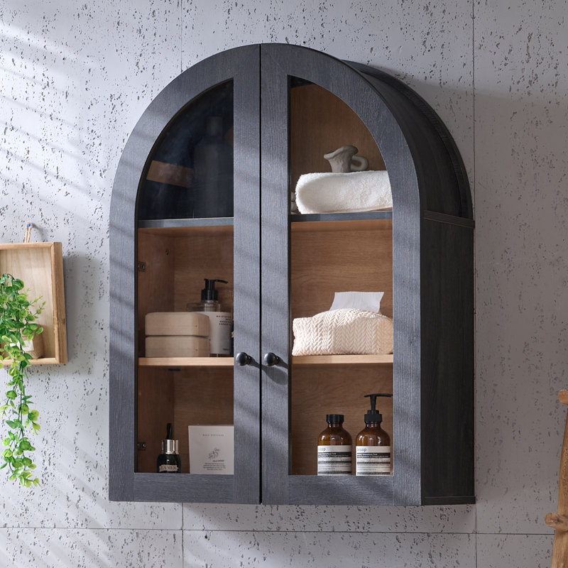 Modern Arched Cabinet Wall Mount with Adjustable Shelf & Glass Doors, Dark Grey, Matte Black
