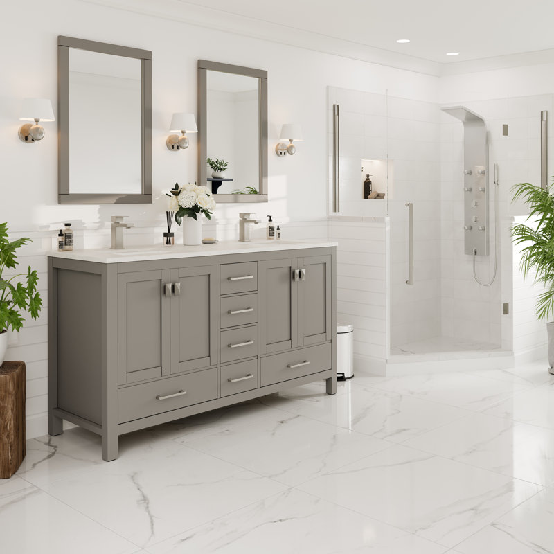 Gray Double Sink Bathroom Vanity with White Quartz Countertop