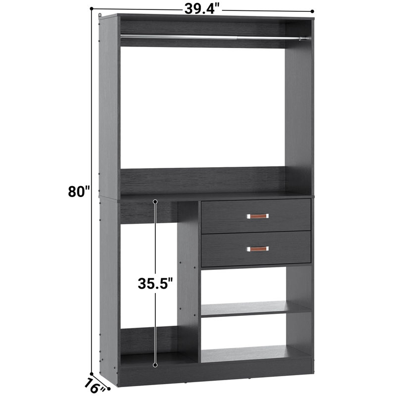  Système d'organisation l 40 po avec tiroirs en bois et tringles de suspension, Noir