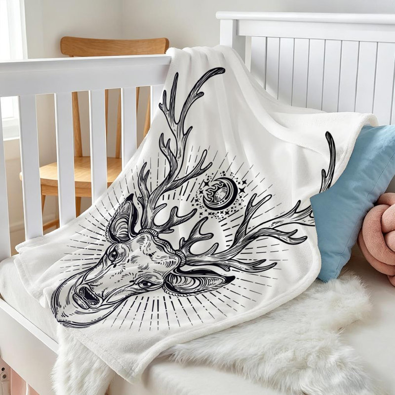 Jeté en molleton noir ultra doux en flanelle, tête de cerf avec magnifique imprimé d'un seul côté, Throw 30" x 40"
