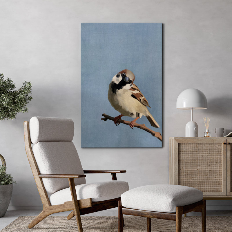 Impression sur toile moineau sur fond bleu - Décoration d'oiseau réaliste pour chambre de bébé ou bureau, H 48 po x l 32 po