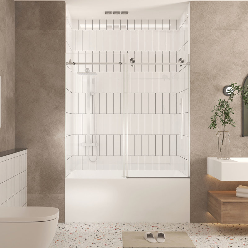 Shower Door 56 - 60" W X H, 1/4" Clear Tempered Glass, Proof Covering Film, Stainless Steel Comfort Grasp Handle, Brushed Nickel Look Water Blocking Lip For Dry Area Wrapping, Touch Appearance Strip