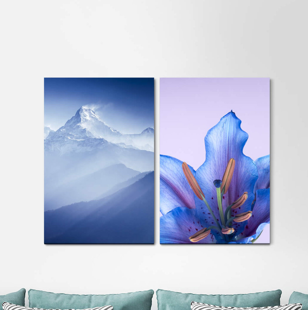 2-tlg. Leinwandbilder-Set - Fotografie „Mountain Peaks Himalaya Orchid Blossom Blue Coherent”