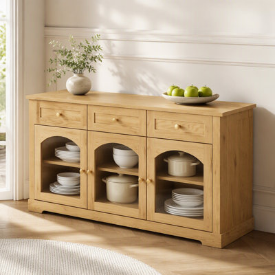 Buffet moderne de 152 cm (60 po) avec 4 tiroirs et 4 portes vitrées cintrées, meuble de rangement d'appoint avec étagères réglables pour entrée, salon ou salle à manger.