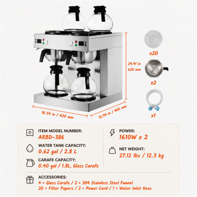 Dual-Head Commercial Coffee Maker with 4 Warmers, 24 Cups