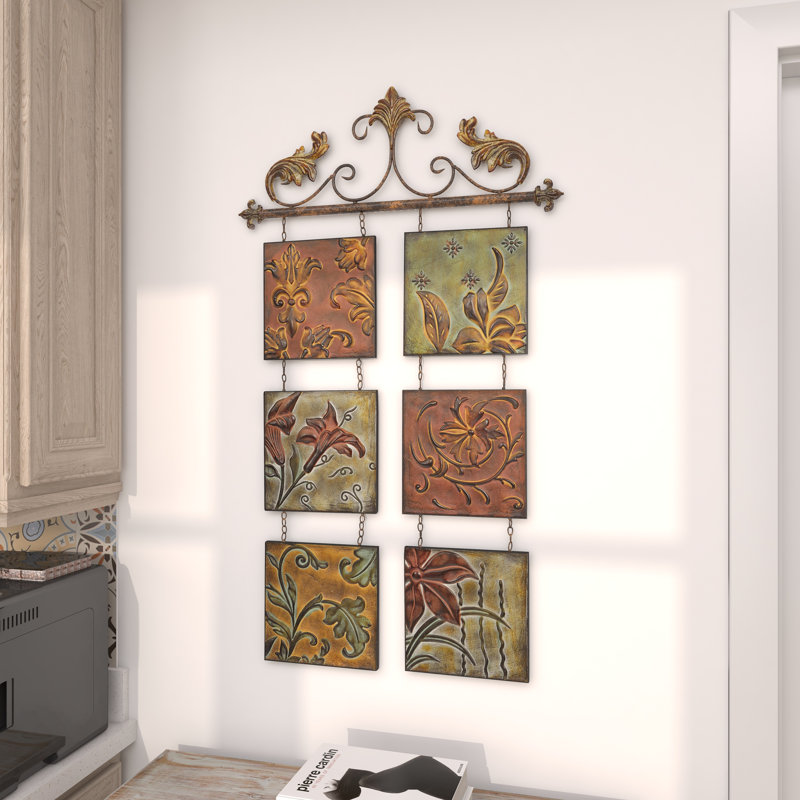 Metal Embossed Floral Multi Colored Wall Decor with 6 Suspended Panels and Scroll Details