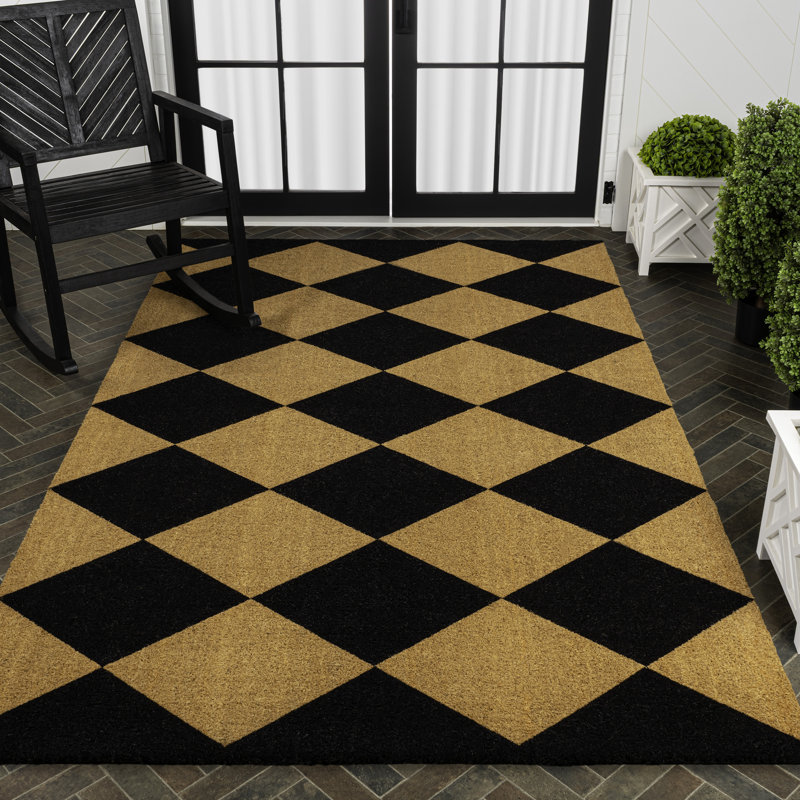 Paige Modern Classic Diamond-Patterned Coir Natural/Black Indoor/Outdoor Doormat, 48" W x 72" L