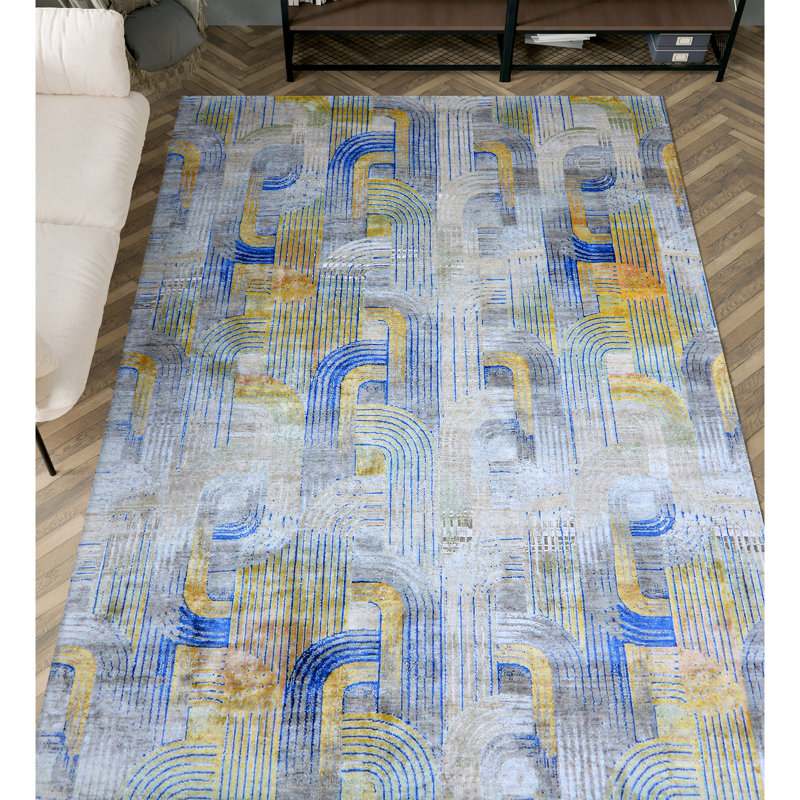 Hand Knotted Geometric Area Rug in Blue/Yellow/Gray, Rectangle 10' x 14'