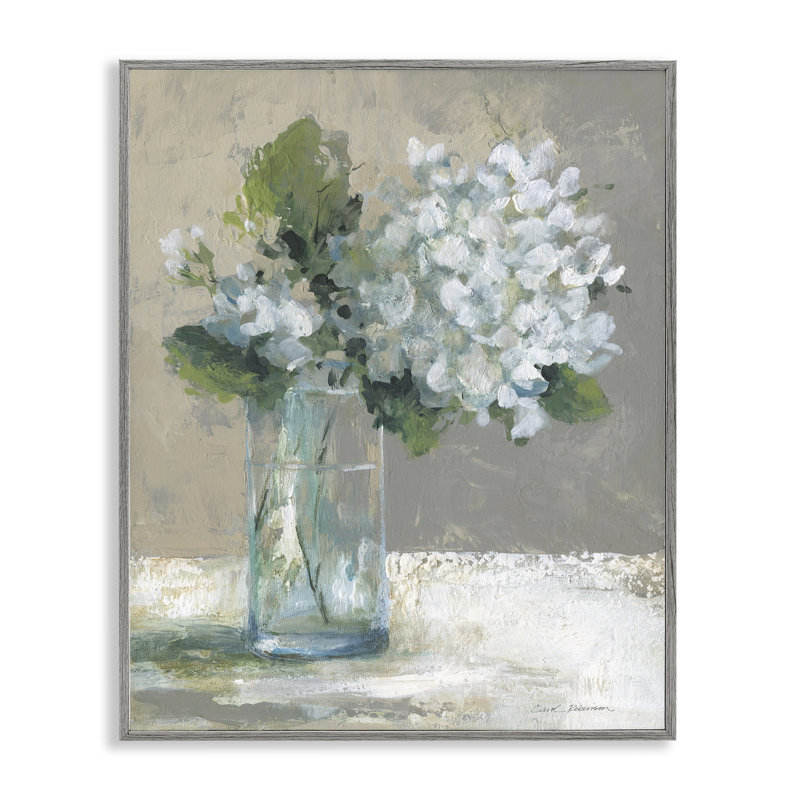 Serre d'hortensias blancs en verre, estampe numérique, design par Carol Robinson, Giclée de ferme grise encadrée