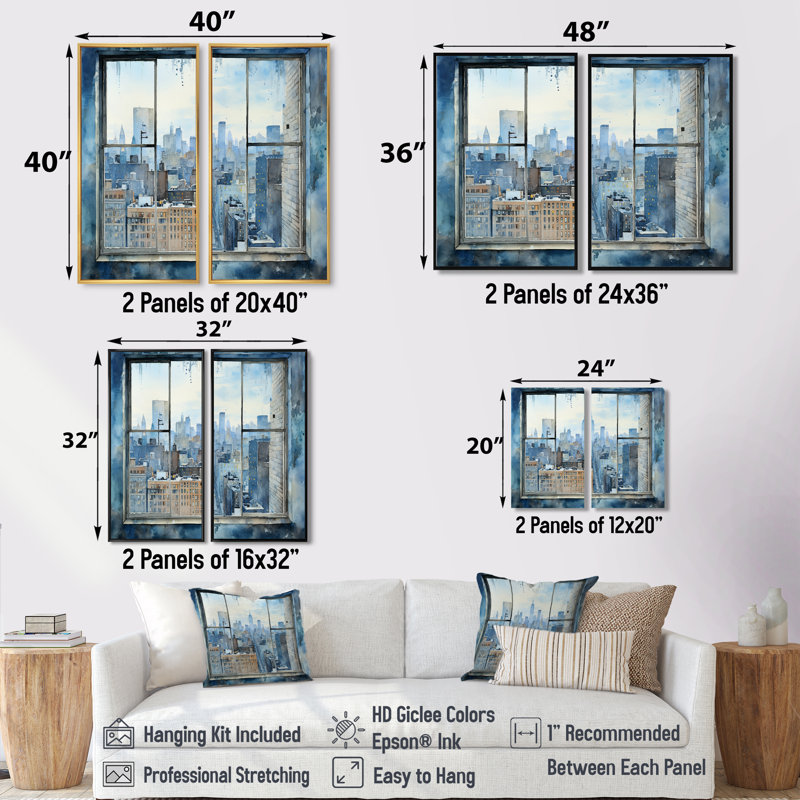Vue de fenêtre rétro bleu New York I - grand art mural de New York, 2 pièces, 32" H x 32" W, Impression encadrée flottante