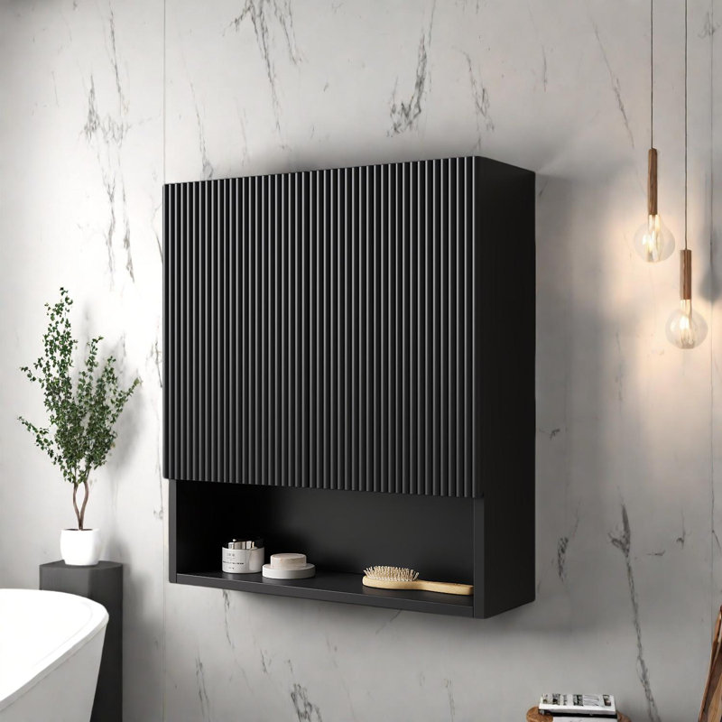 Wall-Mounted Striped Bathroom Cabinet with Storage Compartment, Black