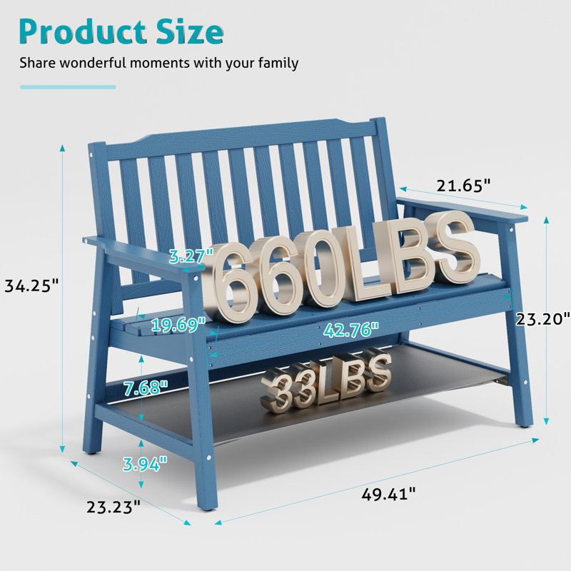 Banc d'extérieur en PEHD avec capacité de poids de 660 lb, Bleu