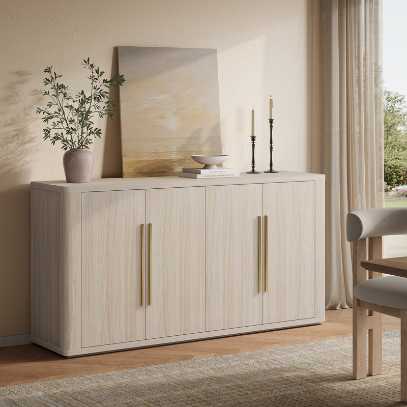 Buffet 60 po avec rangement moderne, crédence d'appoint en chêne beige, tablettes réglables et gestion des câbles, console média en bois pour le salon et la salle à manger