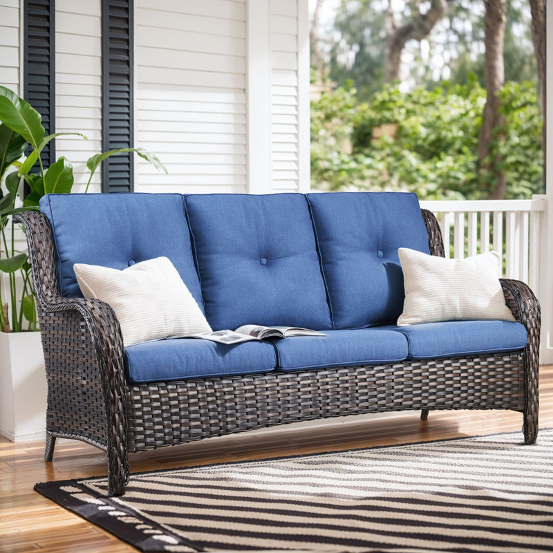 Wendye 4-Piece Outdoor Wicker Furniture Set, 2 Patio Chairs, 3-Seat Sofa & Fire Pit Table, Brown, Blue