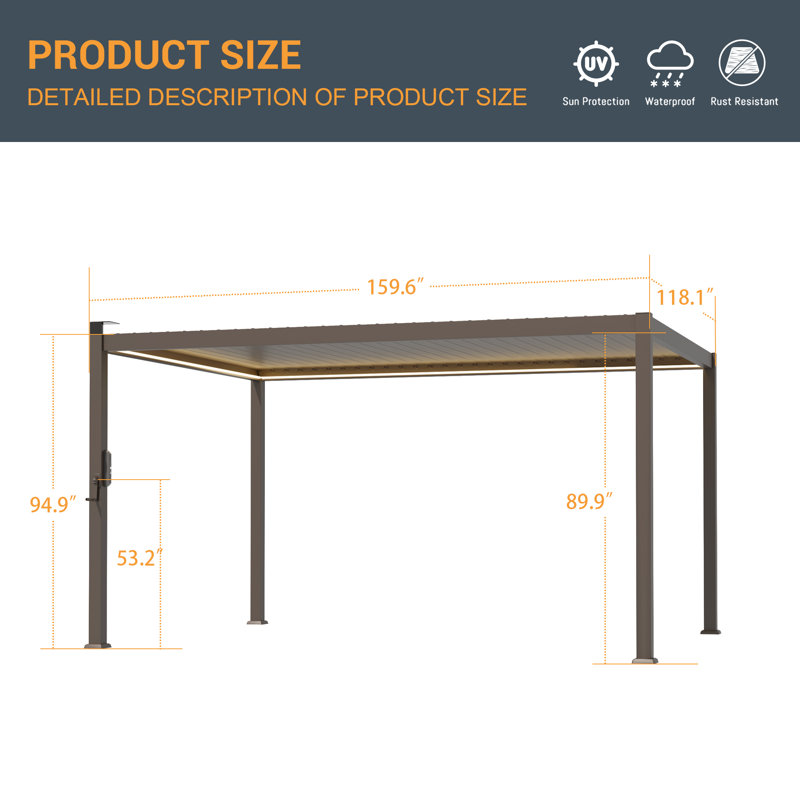 Solar LED Metal Pergola with Adjustable Louvered Roof, All-Weather Outdoor Patio Pergola with Water Drainage System, Heavy Duty Backyard Deck Garden Pool Shade Structure