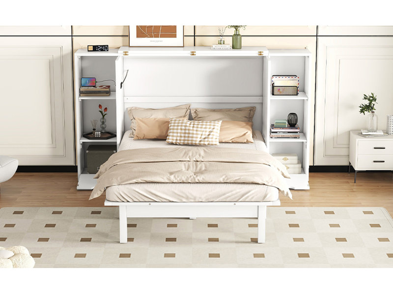 Lit escamotable avec tablettes, tiroirs et ports USB Murphy, Blanc, Grand lit