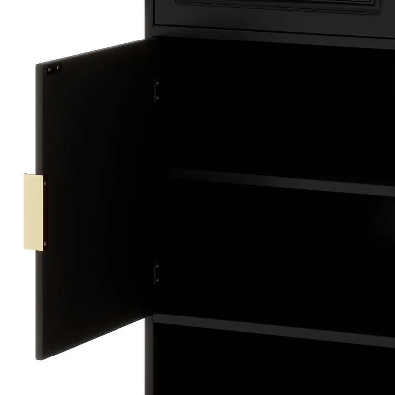 Buffet de style campagnard avec 3 tiroirs et 4 portes, tablette réglable et compartiments de présentation ouverts, Noir