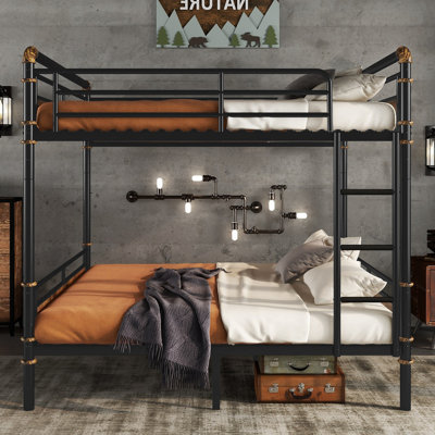Grand lit superposé en métal au dessus d'un grand lit, lits superposés détachables industriels avec garde-corps pour adolescents, noir