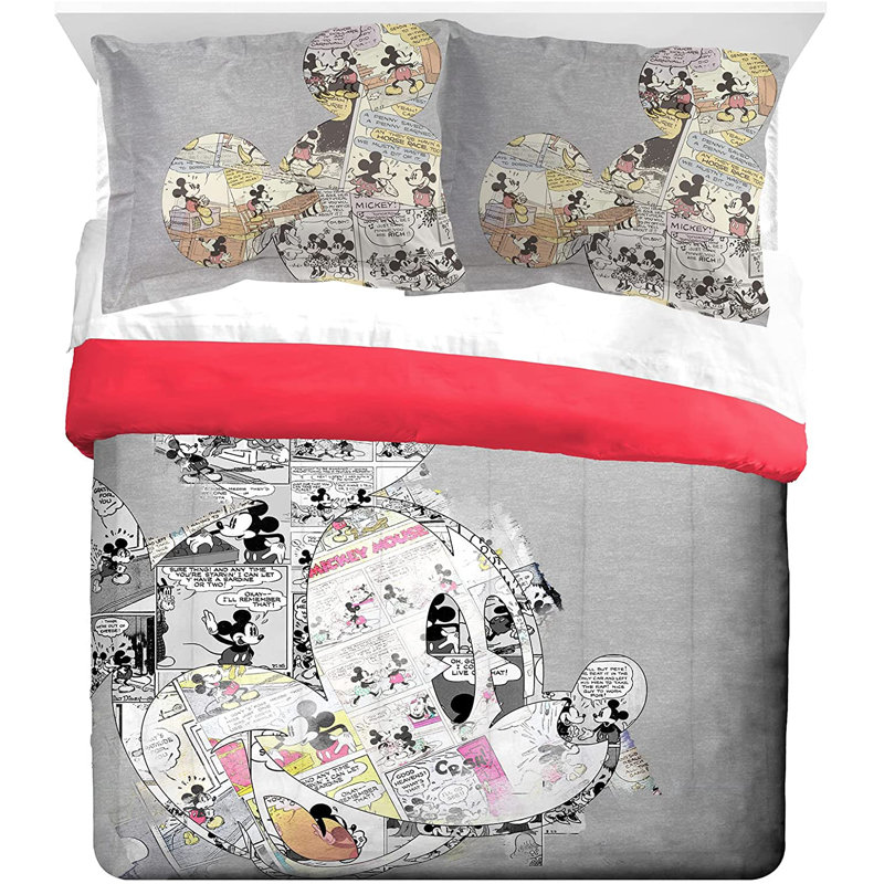 Mickey Mouse Oh Gosh Gray Microfiber Reversible Comforter Set, Queen Comforter + 2 Standard Shams