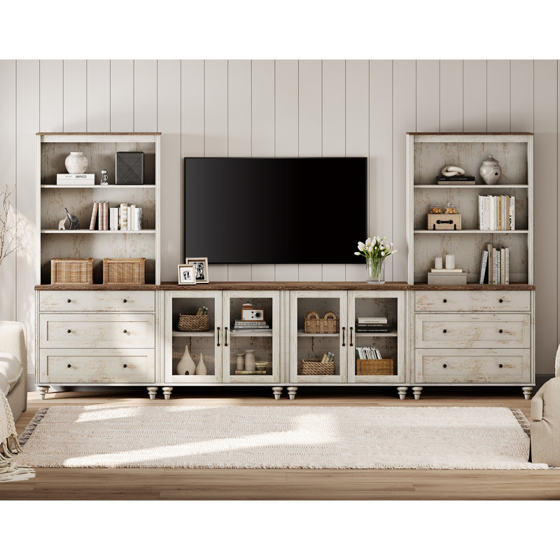 Entertainment Center With Bookshelves With Glass Doors & Drawer, Farmhouse Wall Unit TV Stand For Tvs, Bedroom & Home Theater