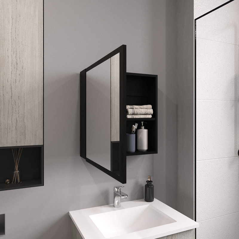 Armoire à miroir H 21,1 po pour salle de bain et cuisine, 4 tablettes et support à serviettes noir, Noir
