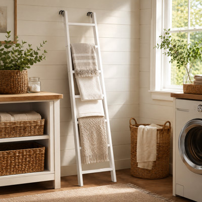 7-Tier Blanket Ladder Rack, Leaning Wooden Blanket Storage Ladder for Throws, Quilts & Towels, Decorative Farmhouse Display Rack for Living Room & Bedroom