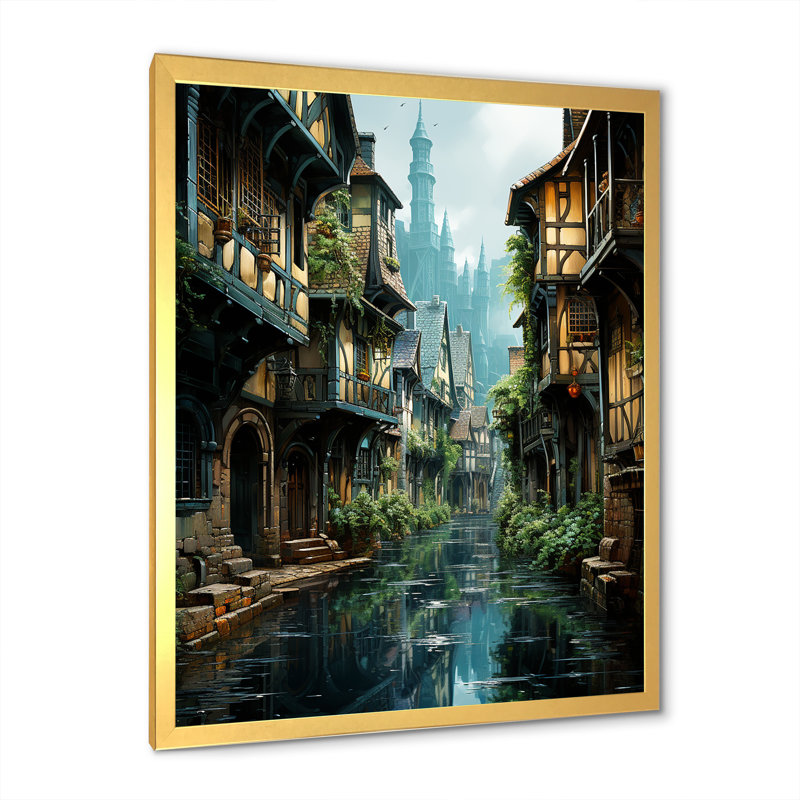 Vieille rue en France - impression, Cadre doré simple, H 32 po x l 16 po x P 1 po