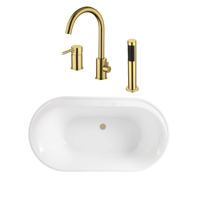 66" x 33" Freestanding Acrylic Bathtub with Faucet, Brushed Brass