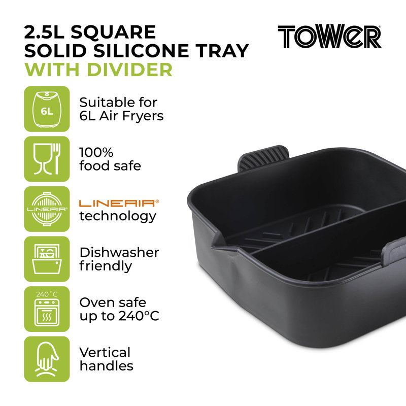 Tower T843095 Square Air Fryer Tray with Divider (2.5L), Suitable for Most Air Fryers 6 litres and Above Including Ninja, Reusable Silicone Liner, Black