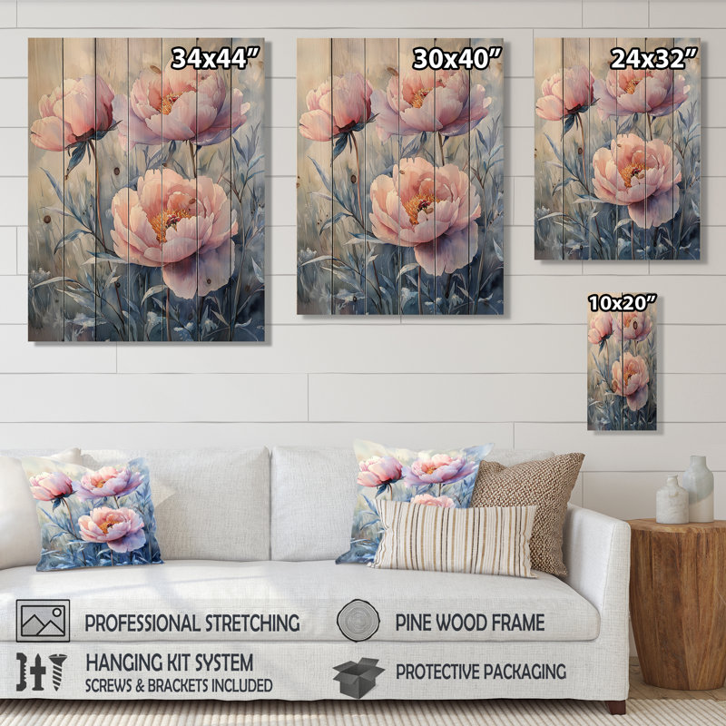 Frosty champ pivoines élégance II - décorations murales en bois pivoines - sur bois de pin naturel