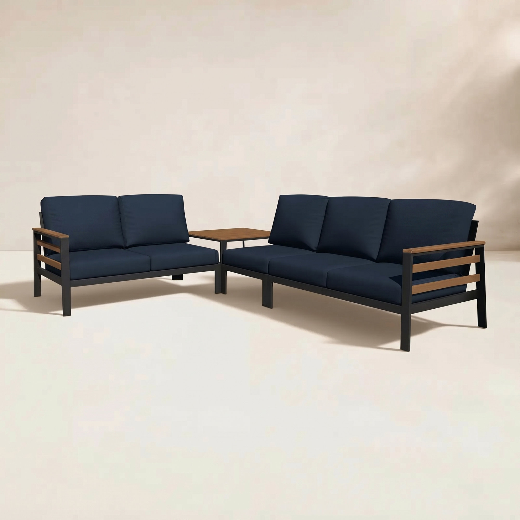 Townsend Outdoor 5 Person Sectional Seating Group With Sunbrella Cushions, Canvas Navy Sunbrella® Canvas, Brown