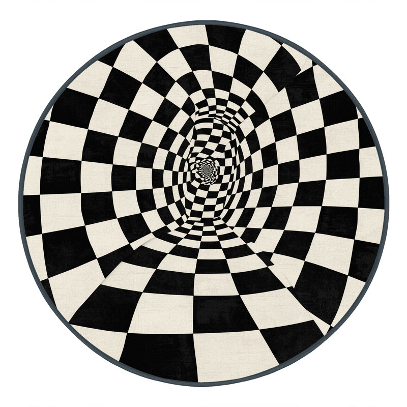Machine Washable Pahola Art Deco Checkered Rug in Blue – Black Binding, 8' Round