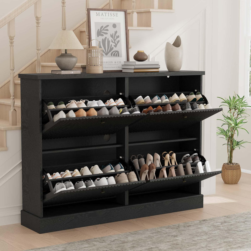 Fluted Shoe Cabinet with 4 Flip Drawers, Slim Entryway Shoe Storage Organizer with Adjustable Shelves, Black