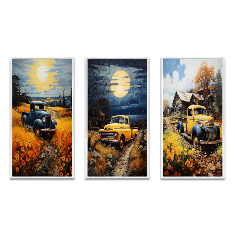 «Pickup Truck Rustic Rides», 3 pièces sur toile, Cadre flottant blanc, H 28 po x l 36 po