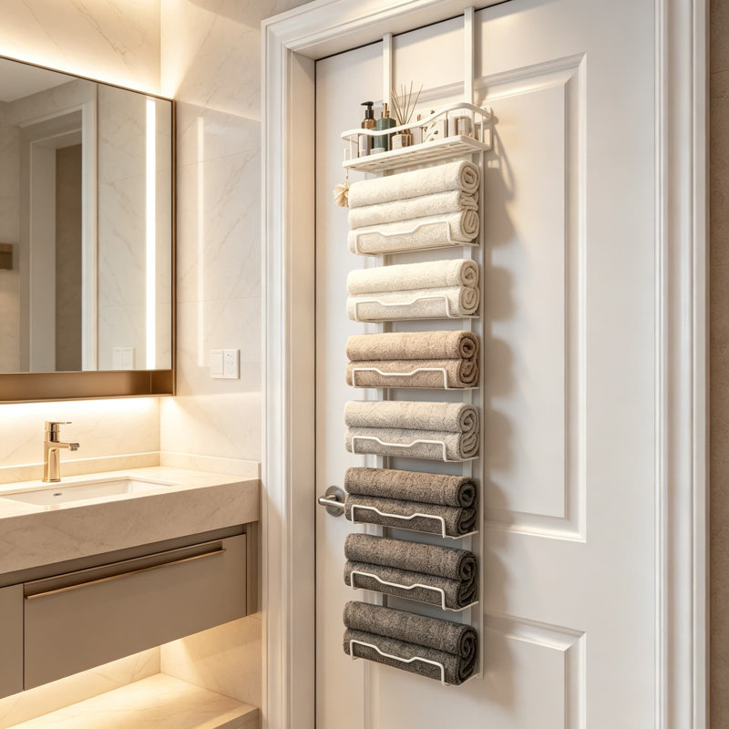 Over The Door Towel Rack for Bathroom No Drill, Vertical Towel Storage Organizer with Large Hanging Racks for Rolled Towels and Bath Accessories, Space-Saving Tiered Holder for Small Bathrooms, RV, Camper, Apartment