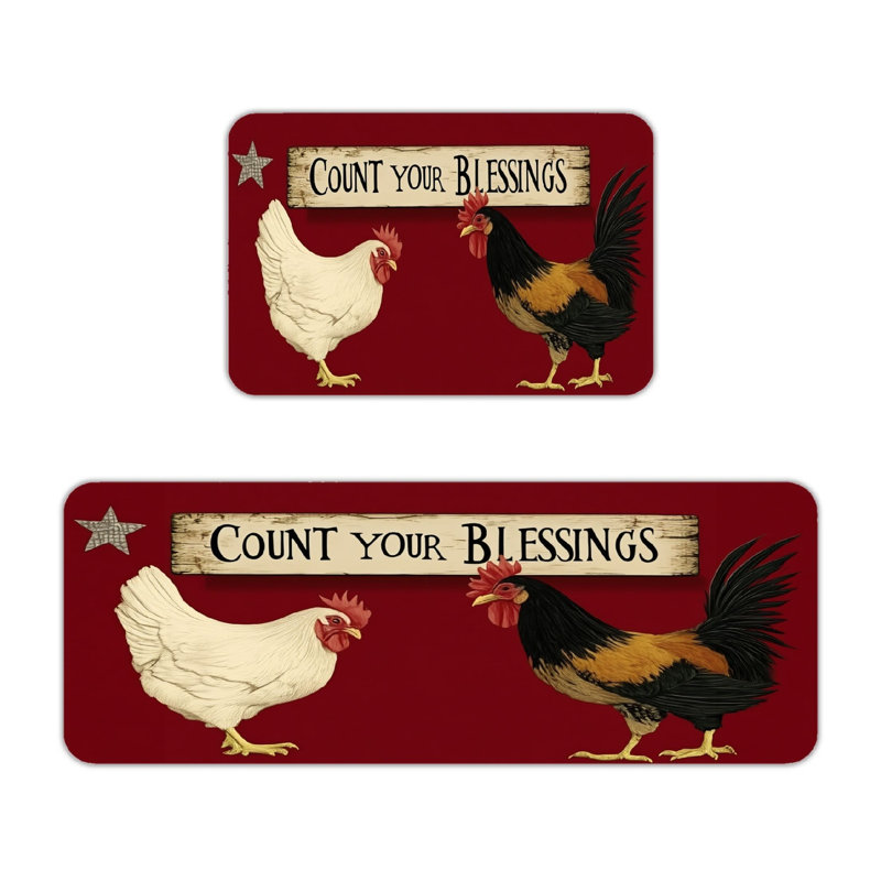Tapis de cuisine rustique avec coq sur fond rouge
