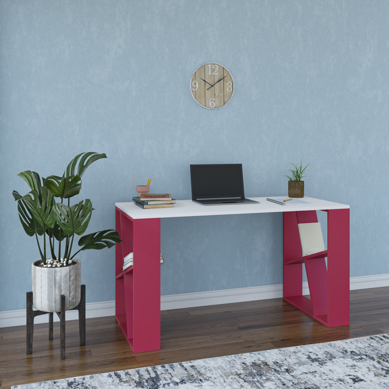 Adalard 2 Tier Modern Desk, White/Burgundy