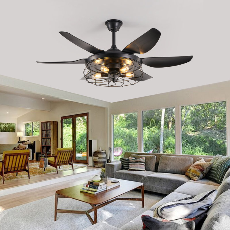 Ventilateur de plafond industriel de 52 pouces avec lumière, conception de cage en métal noir, moteur à 6 pales en courant continu, télécommande, silencieux à 6 vitesses réversible pour le salon