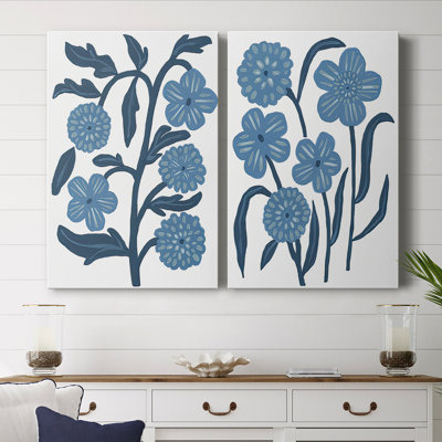 «Blue Folk Florals» - Toile tendue avec châssis de qualité supérieure - Prêt à être accroché