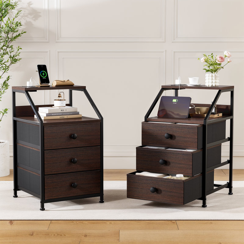 Travison Nightstands with 3 Drawers & Outlets, Bedside Tables with 2 USB Ports & 2-Tier Open Shelf, Brown