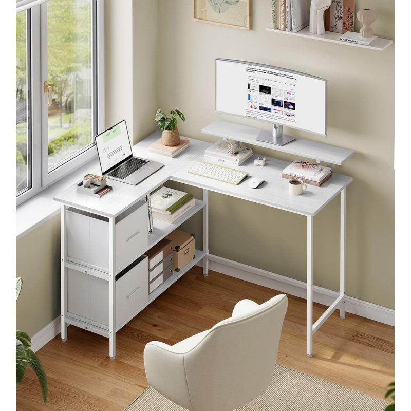 Aliyanah L-Shaped Metal Base Computer Desk, 89.5cm H x 115cm W x 105cm D, White