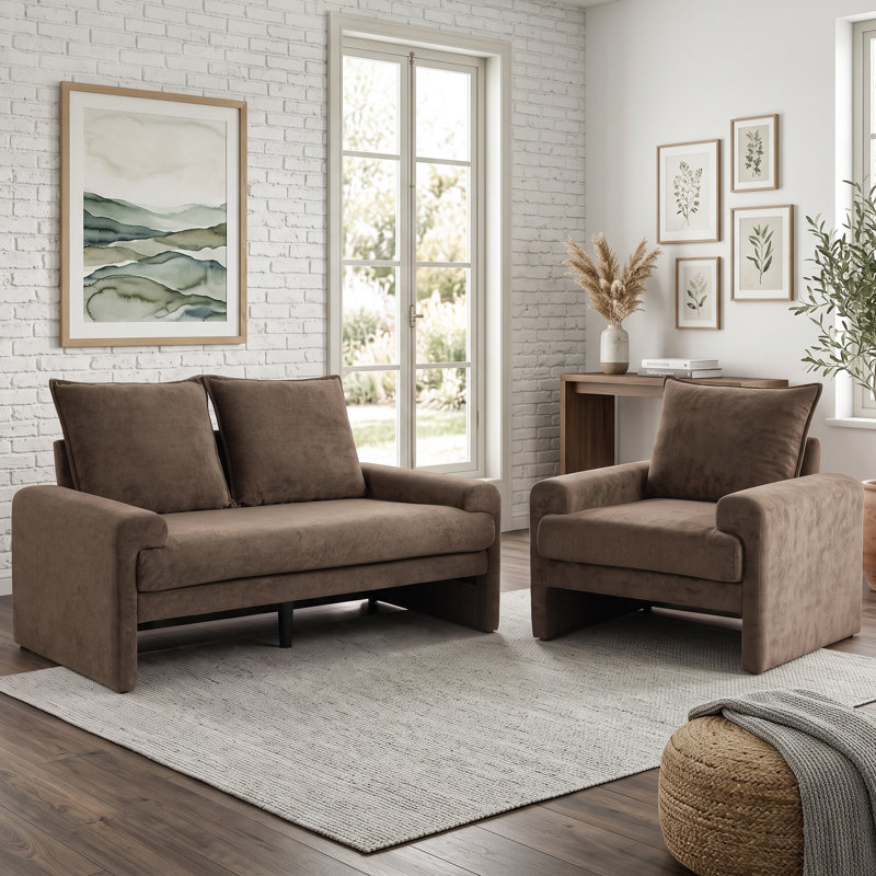 Ensemble canapé et fauteuil lounge rembourrés, collection de sièges en tissu avec accoudoirs incurvés et coussins profonds