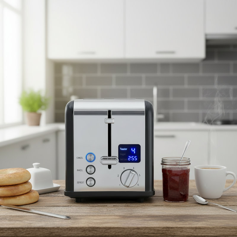 This Black Stainless Steel Double-Slice Toaster Features A Large, Clear LED Screen, A Wide Slot With 6 Temperature Settings, A Full Range Of Functions, And A Removable Crumb Tray For Easy Cleaning.