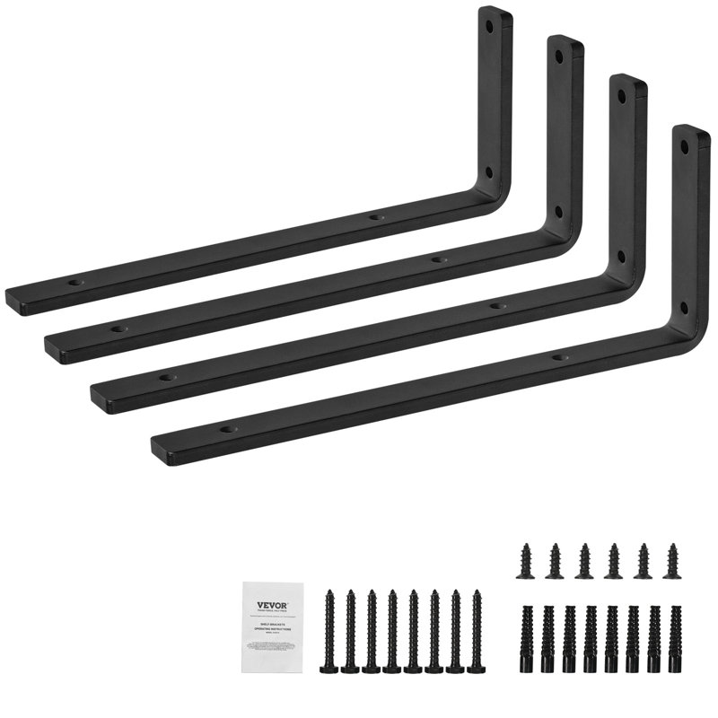 Heavy Duty Matte Black Steel Floating Shelf Brackets, Set of 4