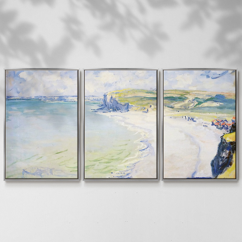 La plage à Pourville, 1882, encadrée sur toile, 3 pièces, H 24 po x l 48 po x P 2 po, Argent