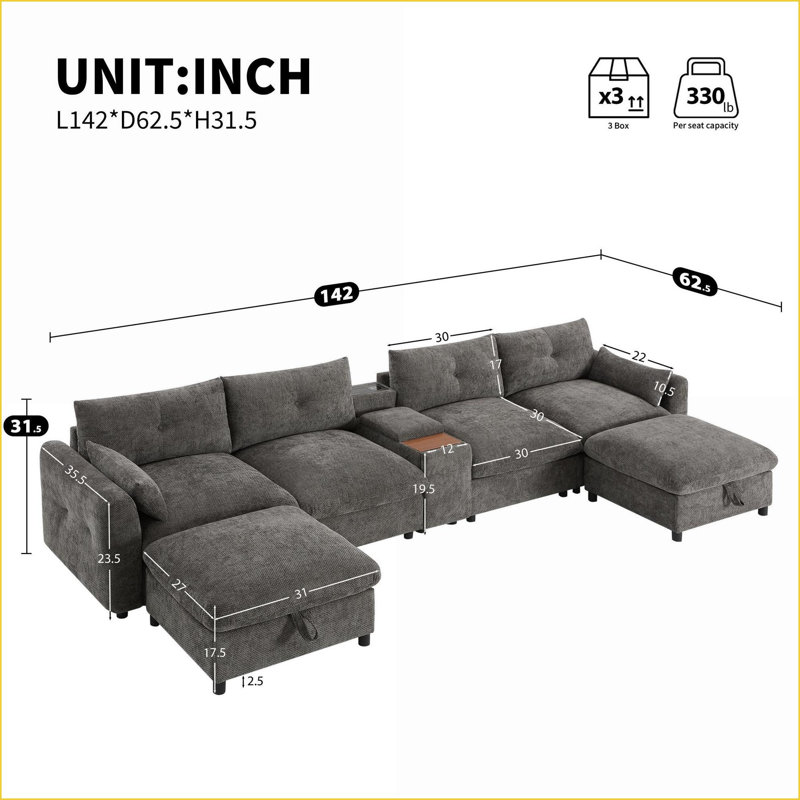 Canapé modulaire en forme de U 6 places avec repose-pieds de rangement, console, USB | Chenille 30 po de large pour salon | Gris clair, chenille