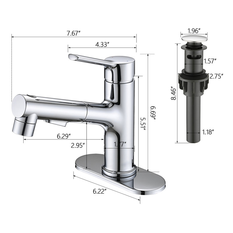 Bathroom Sink Faucet With Pull Out Sprayer, Single Handle Modern Bathroom Basin Faucet With Pop-Up Sink Drain Stopper & Deck Plate