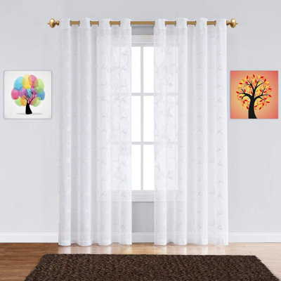 Floral Sheer Grommet Curtain Panels with Stitched Leaf Embroidery in 3 Sizes and 4 Colours